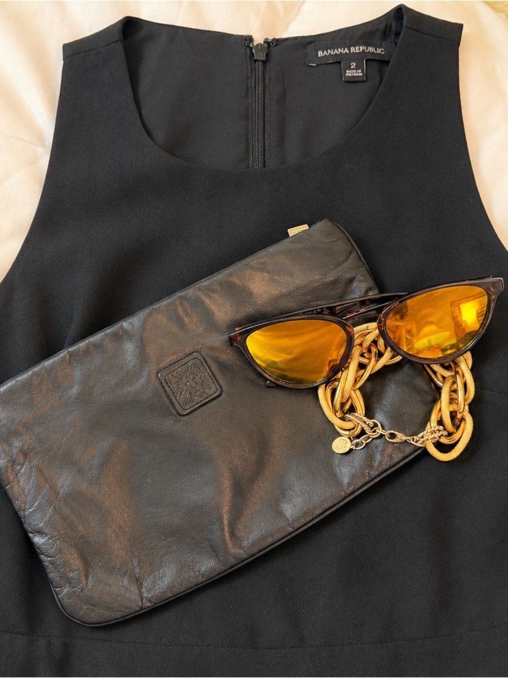 Vintage Anne Klein Black Leather Clutch Envelope Pouch Goldtone pull Chic Y2K